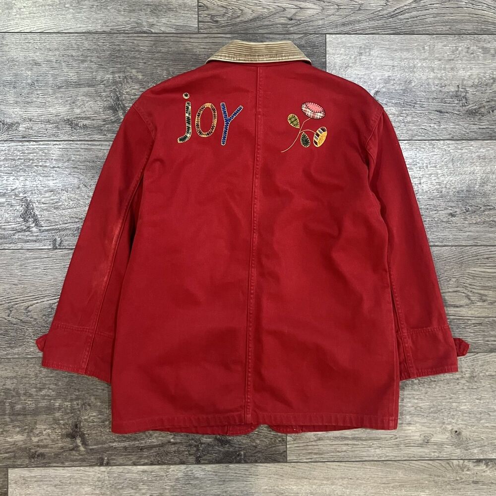 Vintage 80s Sun Belt Denim Red Cotton Jacket Folk Appliqué Live Laugh Love USA M - Picture 7 of 10